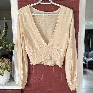 Urban Outfitters Cream Deep V-Smocked Waist Long Sleeve Blouse Medium